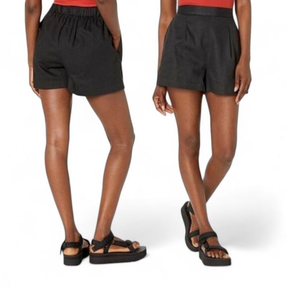 Madewell Linen High Elastic‎ Waist Flat Front Pull On Dress Shorts Black M NWT - Picture 1 of 13